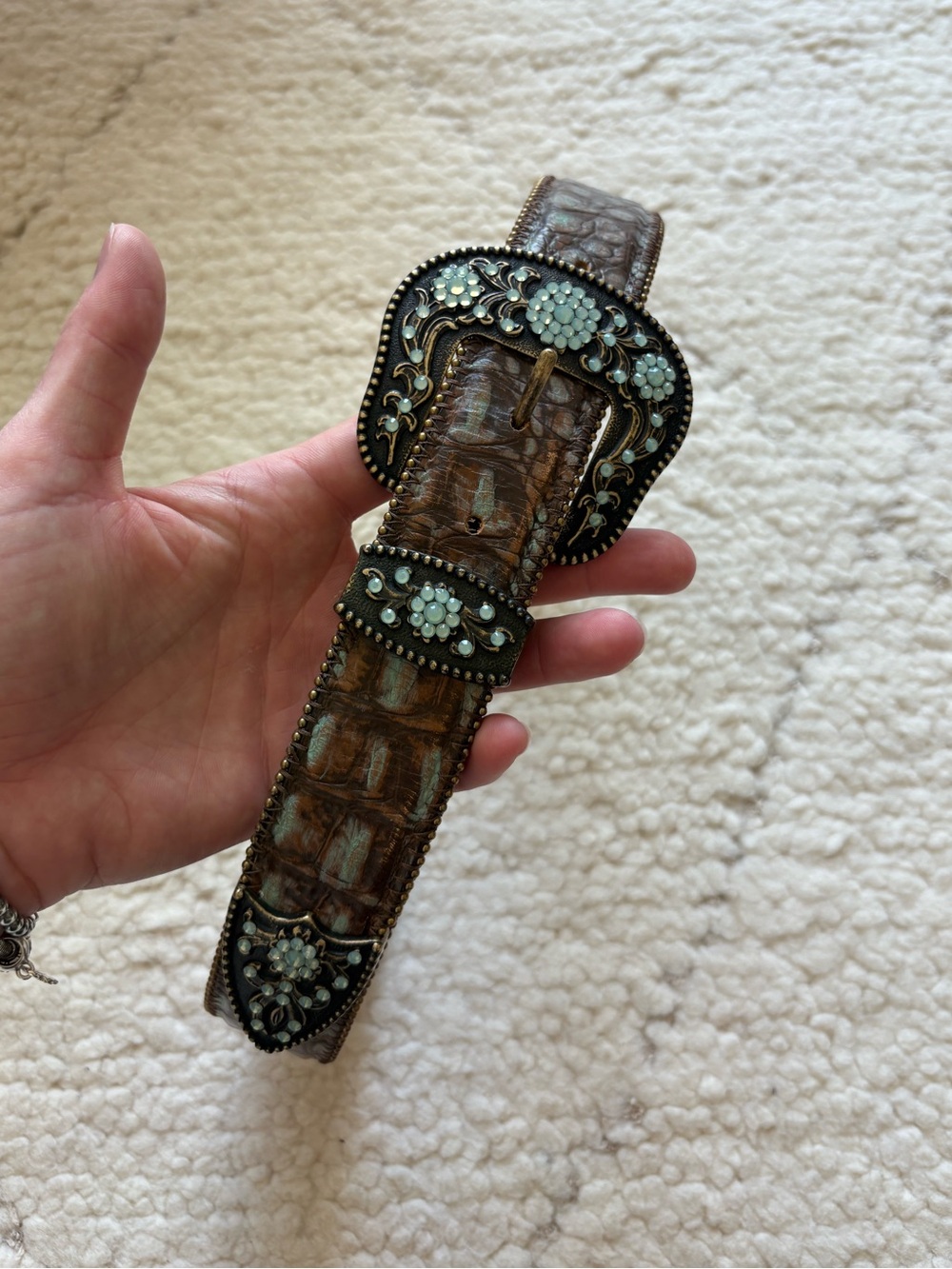 Vintage Western Genuine Italian Leather Turquoise Croc Belt